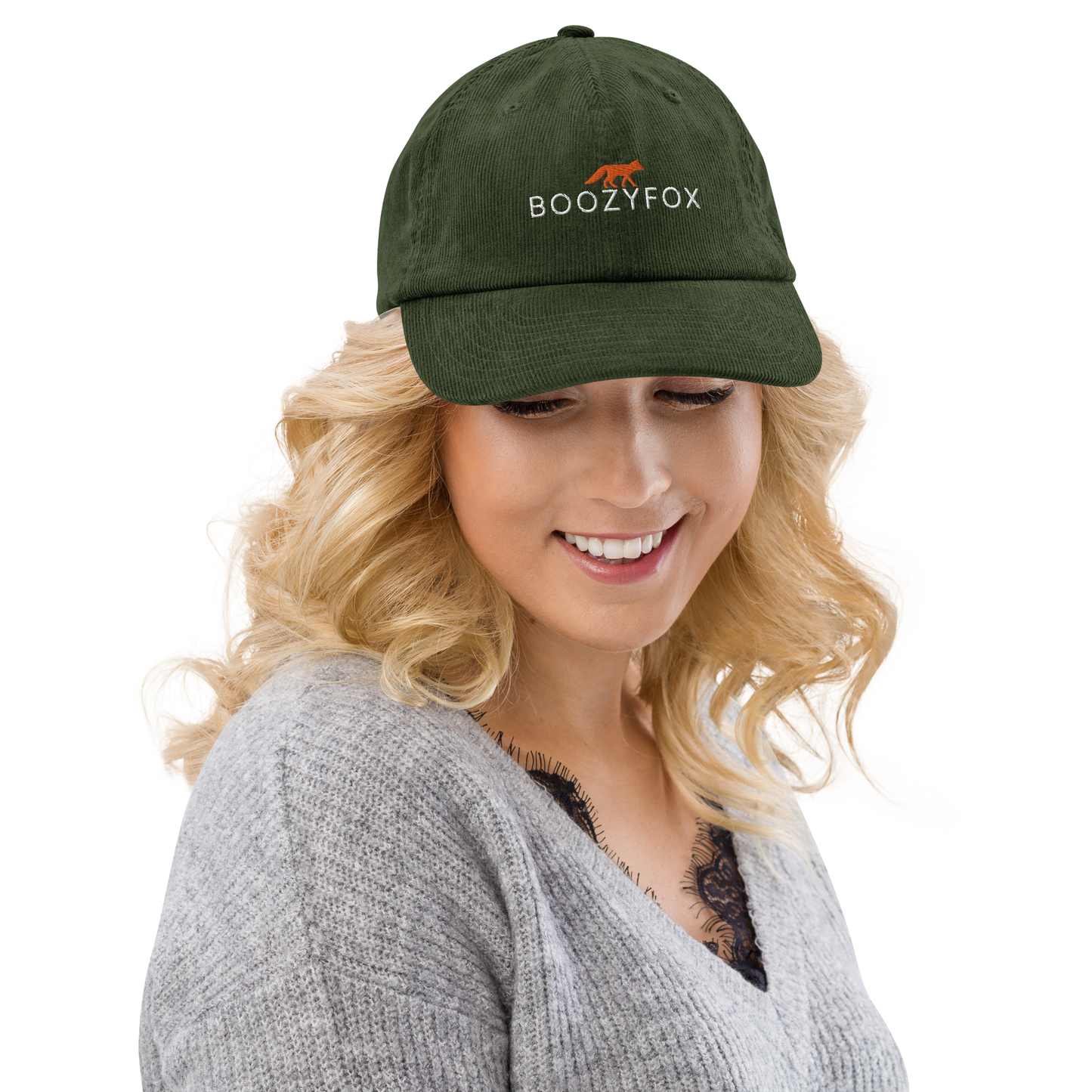 Smiling woman wearing a Dark Olive Green Corduroy Hat - Boozy Fox