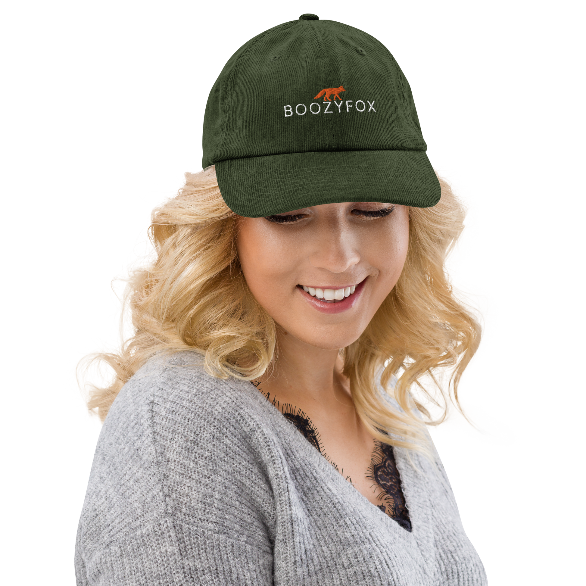 Smiling woman wearing a Dark Olive Green Corduroy Hat - Boozy Fox