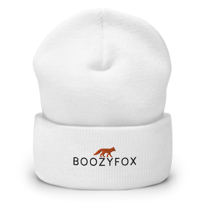 White Cuffed Beanie With An Embroidered Boozy Fox Logo On Fold - Shop Cuffed Beanie Online - Boozy Fox