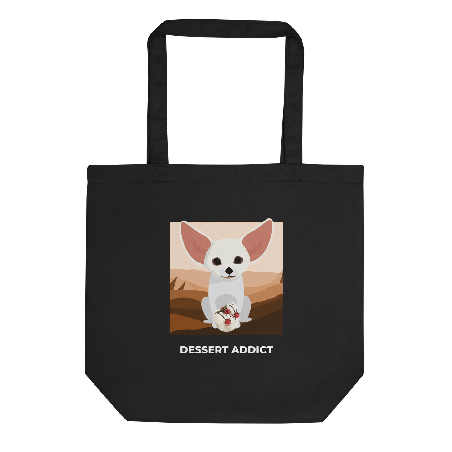 Black Fennec Fox Eco Tote Bag featuring an adorable Dessert Addict graphic - Shop Funny Organic Cotton Tote Bags Online - Boozy Fox