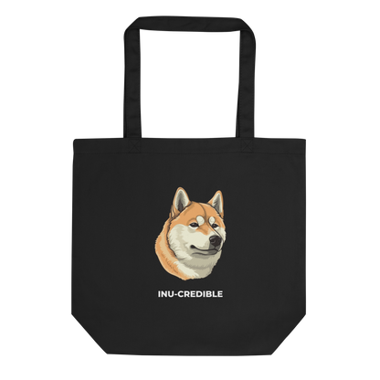 Black Shiba Inu Eco Tote Bag featuring the Inu-Credible graphic - Shop Tote Bags Online - Boozy Fox