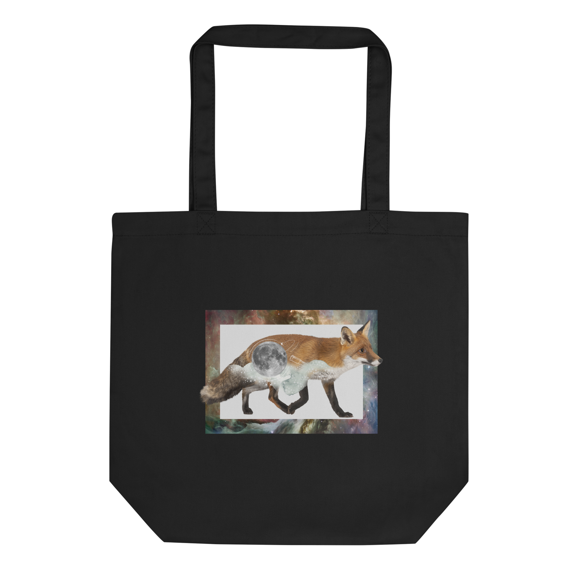 Black Fox Eco Tote Bag featuring an eye-catching Space Fox graphic - Shop Cool Organic Cotton Tote Bags Online - Boozy Fox