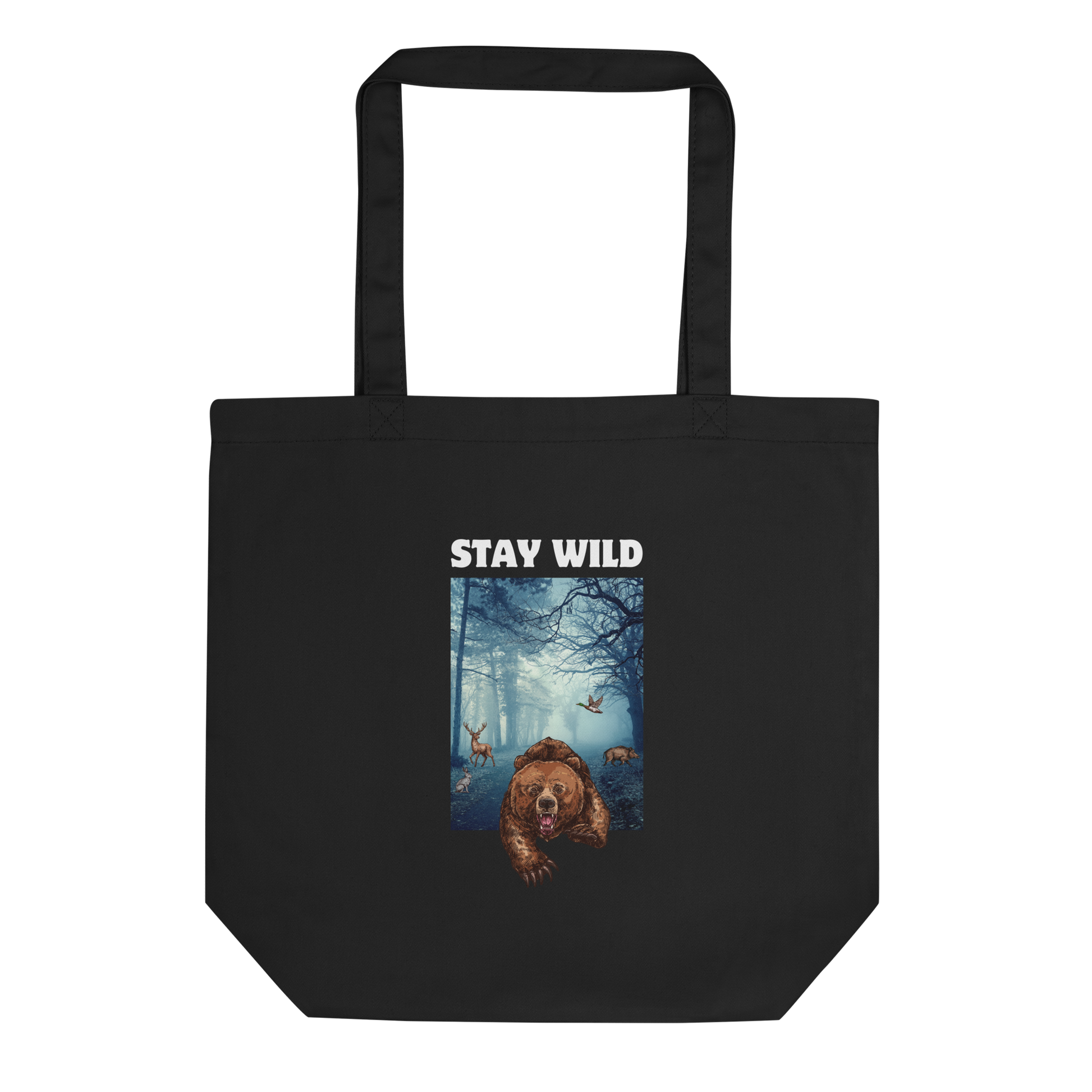Black Bear Eco Tote Bag featuring a Stay Wild graphic - Cool Organic Cotton Totes - Boozy Fox