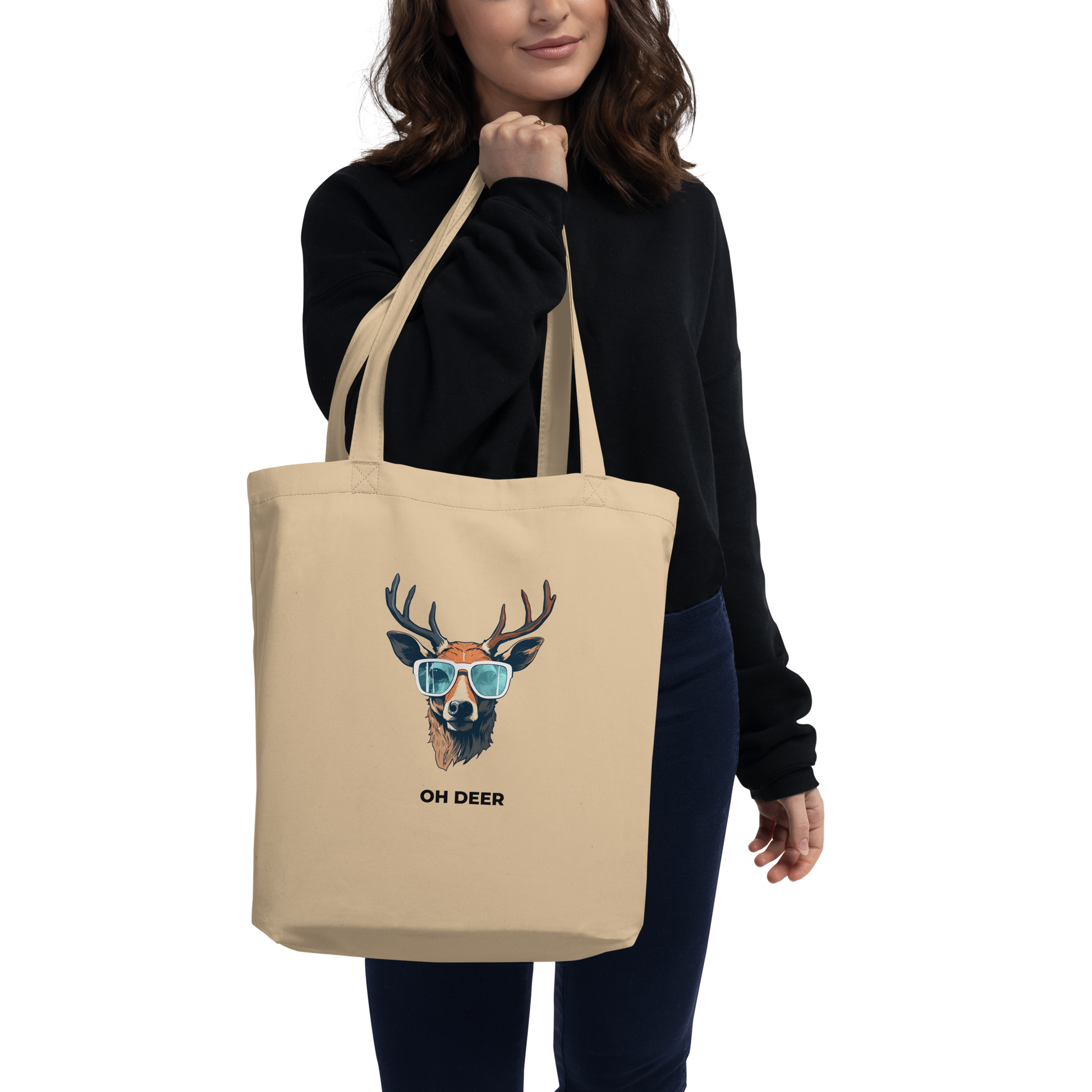 Woman carrying a Oyster Colored Deer Eco Tote Bag featuring a hilarious Oh Deer graphic - Shop Tote Bags Online - Boozy Fox