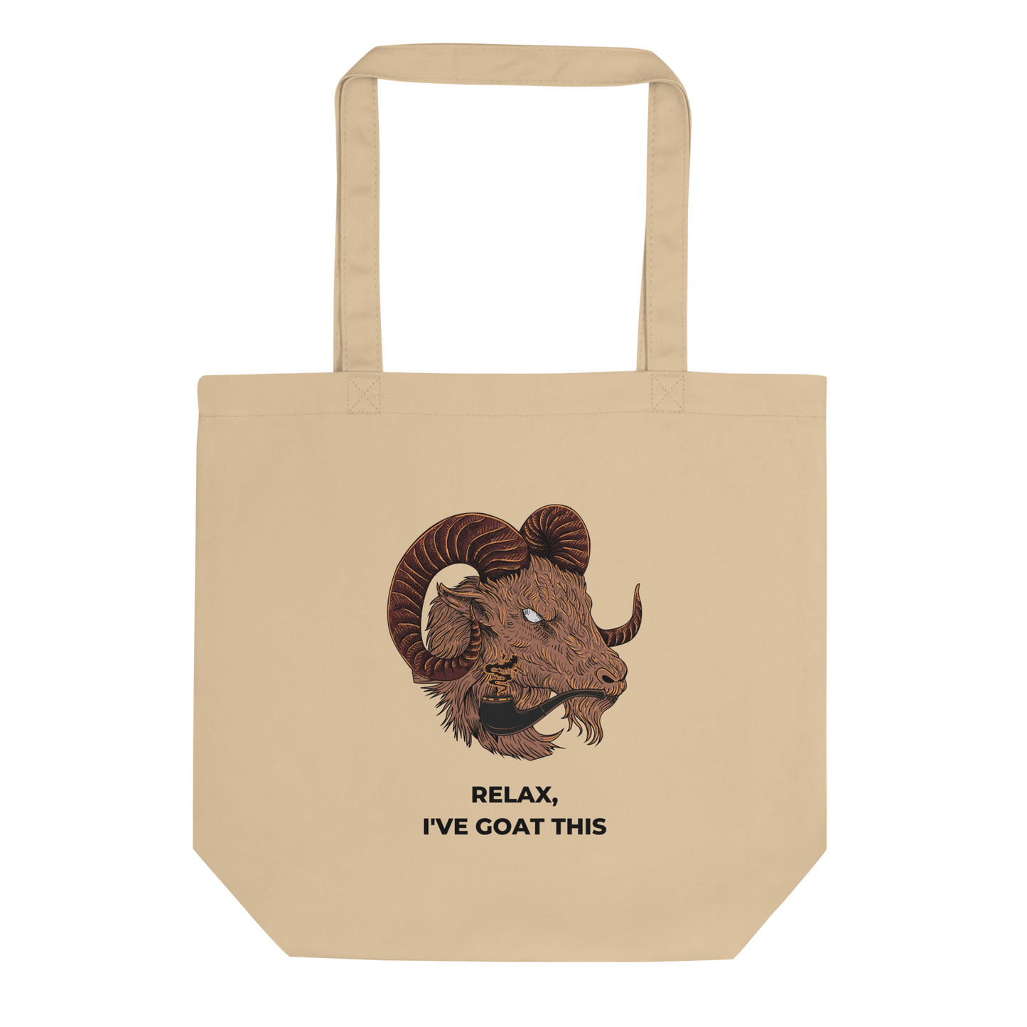 Oyster colored Goat Eco Tote Bag featuring a fierce Relax I've Goat This graphic - Shop Tote Bags Online - Boozy Fox