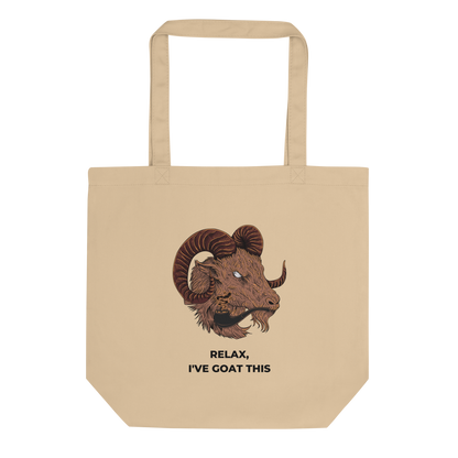 Oyster colored Goat Eco Tote Bag featuring a fierce Relax I've Goat This graphic - Shop Tote Bags Online - Boozy Fox