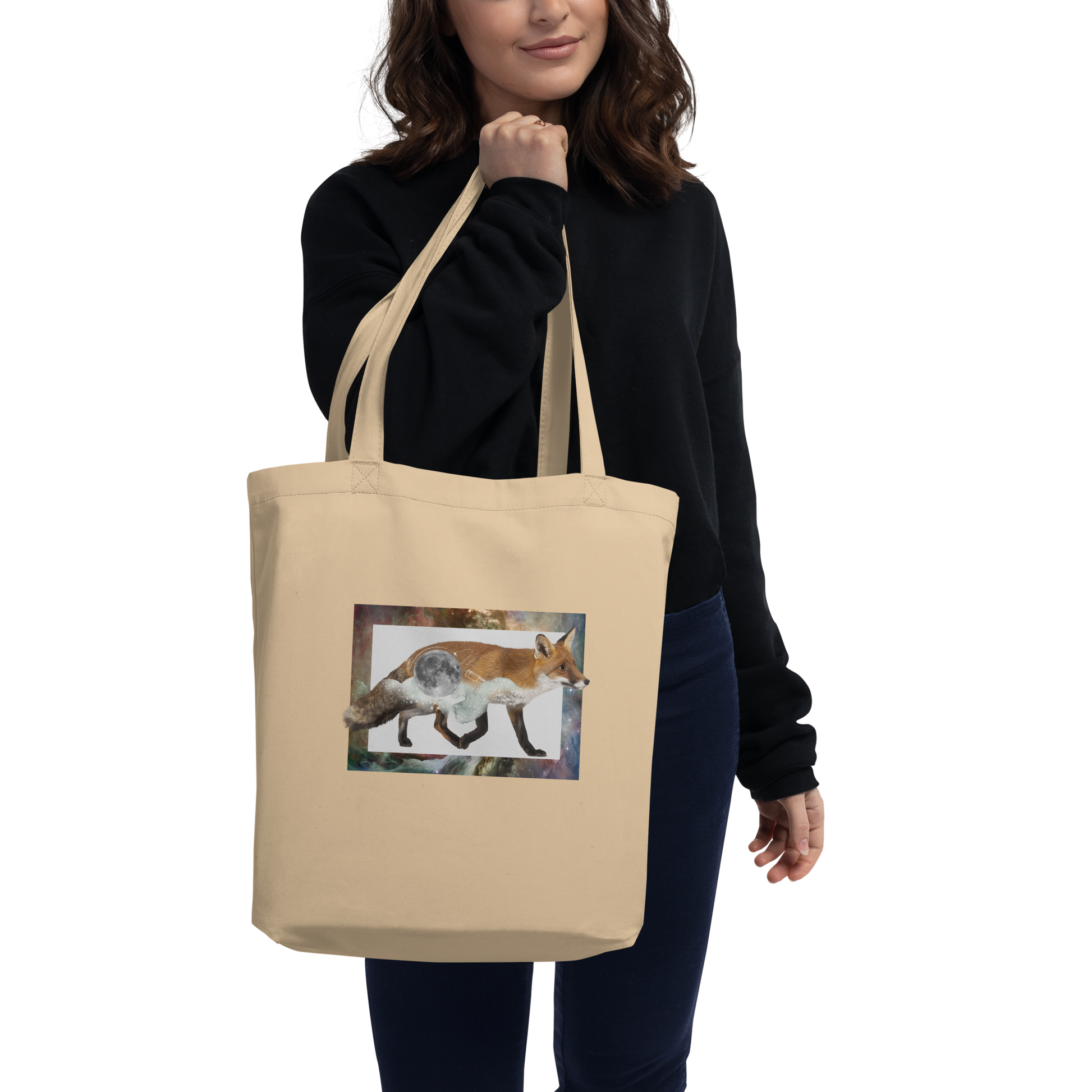 Woman Carrying a Oyster Color Fox Eco Tote Bag featuring an eye-catching Space Fox graphic - Shop Cool Organic Cotton Tote Bags Online - Boozy Fox