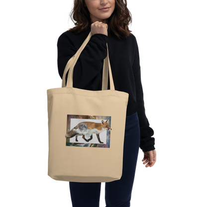 Woman Carrying a Oyster Color Fox Eco Tote Bag featuring an eye-catching Space Fox graphic - Shop Cool Organic Cotton Tote Bags Online - Boozy Fox