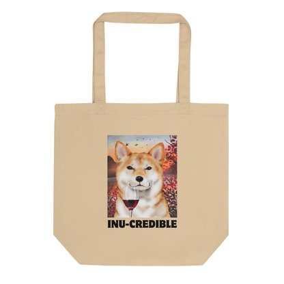 Oyster colored Shiba Inu Eco Tote Bag featuring a Inu-Credible Shiba Inu graphic - Shop Funny Organic Cotton Tote Bags Online - Boozy Fox