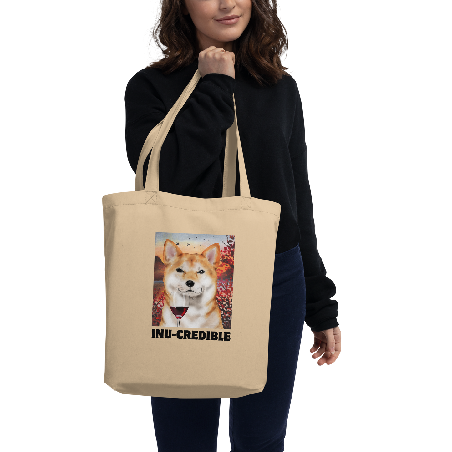 Woman carrying a oyster colored Shiba Inu Eco Tote Bag featuring a Inu-Credible Shiba Inu graphic - Shop Funny Organic Cotton Tote Bags Online - Boozy Fox
