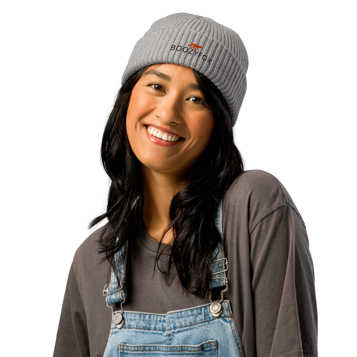 Woman wearing a Athletic Heather Fisherman Beanie With An Embroidered Boozy Fox Logo On Fold - Cool Winter Beanies - Boozy Fox