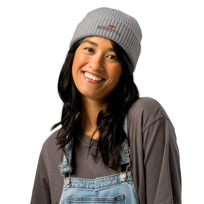 Woman wearing a Athletic Heather Fisherman Beanie With An Embroidered Boozy Fox Logo On Fold - Cool Winter Beanies - Boozy Fox