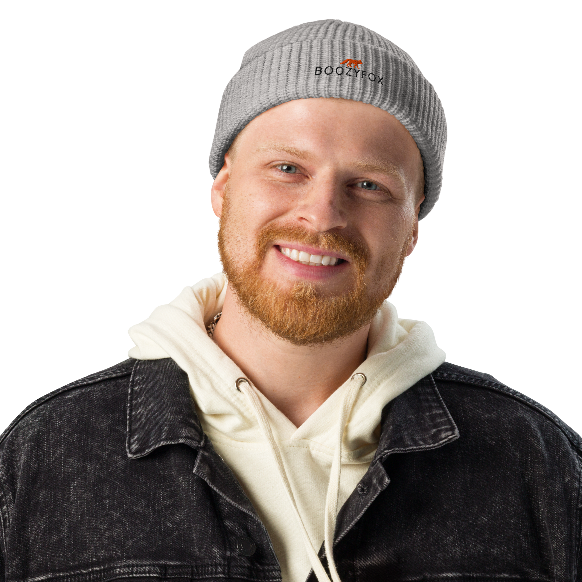 Man wearing a Athletic Heather Fisherman Beanie With An Embroidered Boozy Fox Logo On Fold - Cool Winter Beanies - Boozy Fox