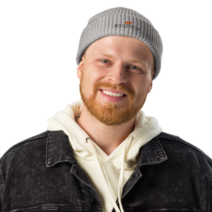 Man wearing a Athletic Heather Fisherman Beanie With An Embroidered Boozy Fox Logo On Fold - Cool Winter Beanies - Boozy Fox