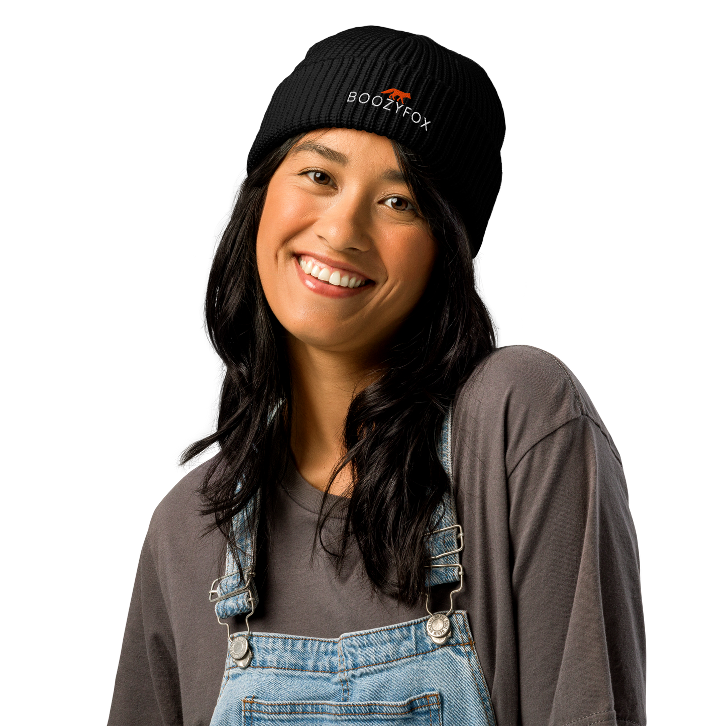 Woman wearing a Black Fisherman Beanie With An Embroidered Boozy Fox Logo On Fold - Cool Winter Beanies - Boozy Fox