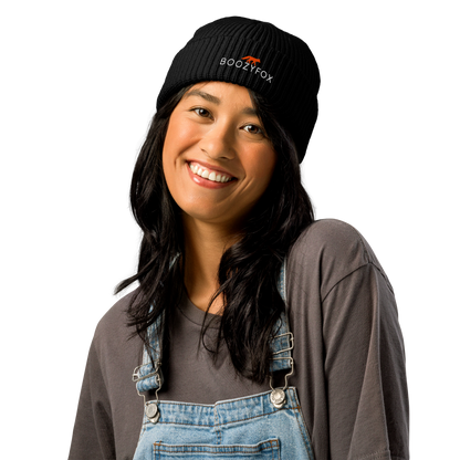 Woman wearing a Black Fisherman Beanie With An Embroidered Boozy Fox Logo On Fold - Cool Winter Beanies - Boozy Fox