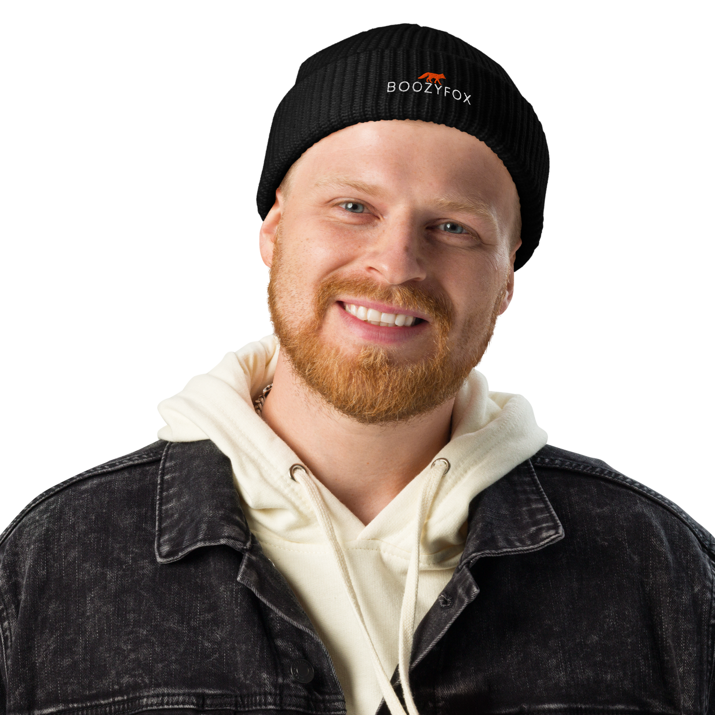 Man wearing a Black Fisherman Beanie With An Embroidered Boozy Fox Logo On Fold - Cool Winter Beanies - Boozy Fox