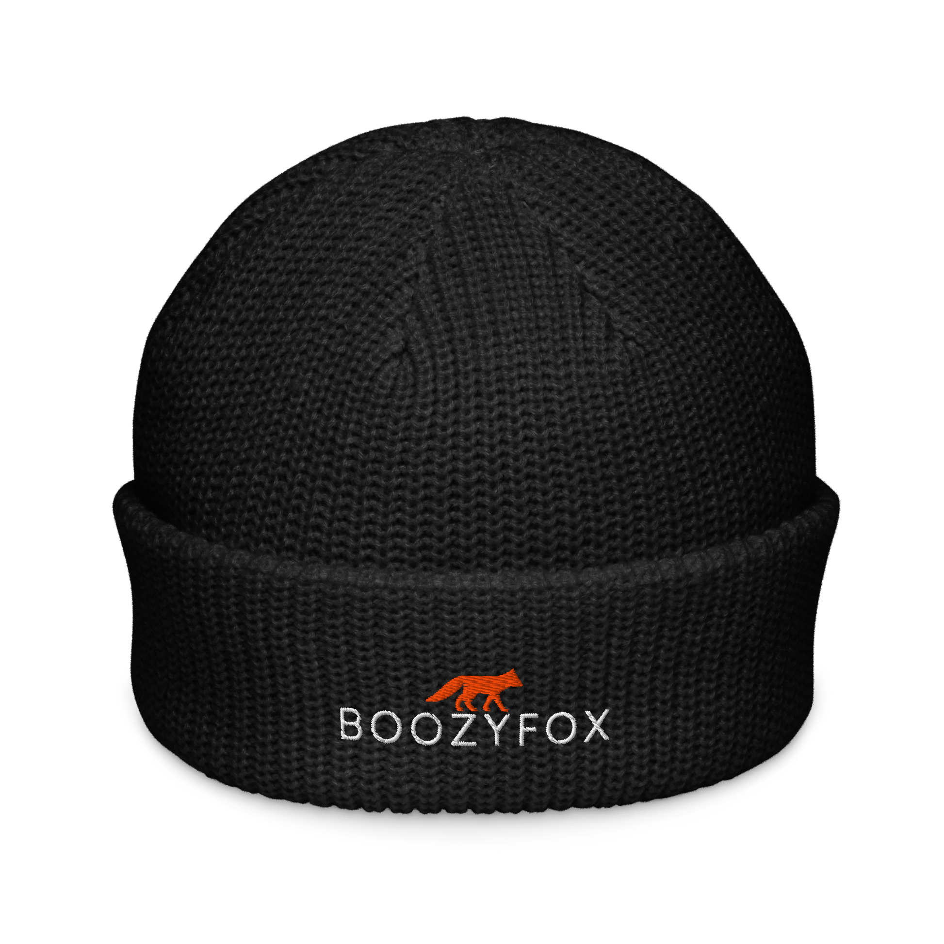 Black Fisherman Beanie With An Embroidered Boozy Fox Logo On Fold - Cool Winter Beanies - Boozy Fox