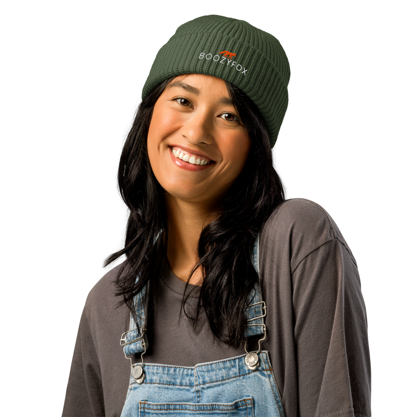 Woman wearing Cypress Green Fisherman Beanie With An Embroidered Boozy Fox Logo On Fold - Cool Winter Beanies - Boozy Fox