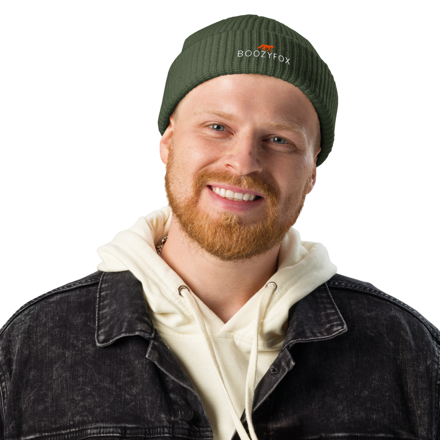 Man wearing a Cypress Green Fisherman Beanie With An Embroidered Boozy Fox Logo On Fold - Cool Winter Beanies - Boozy Fox