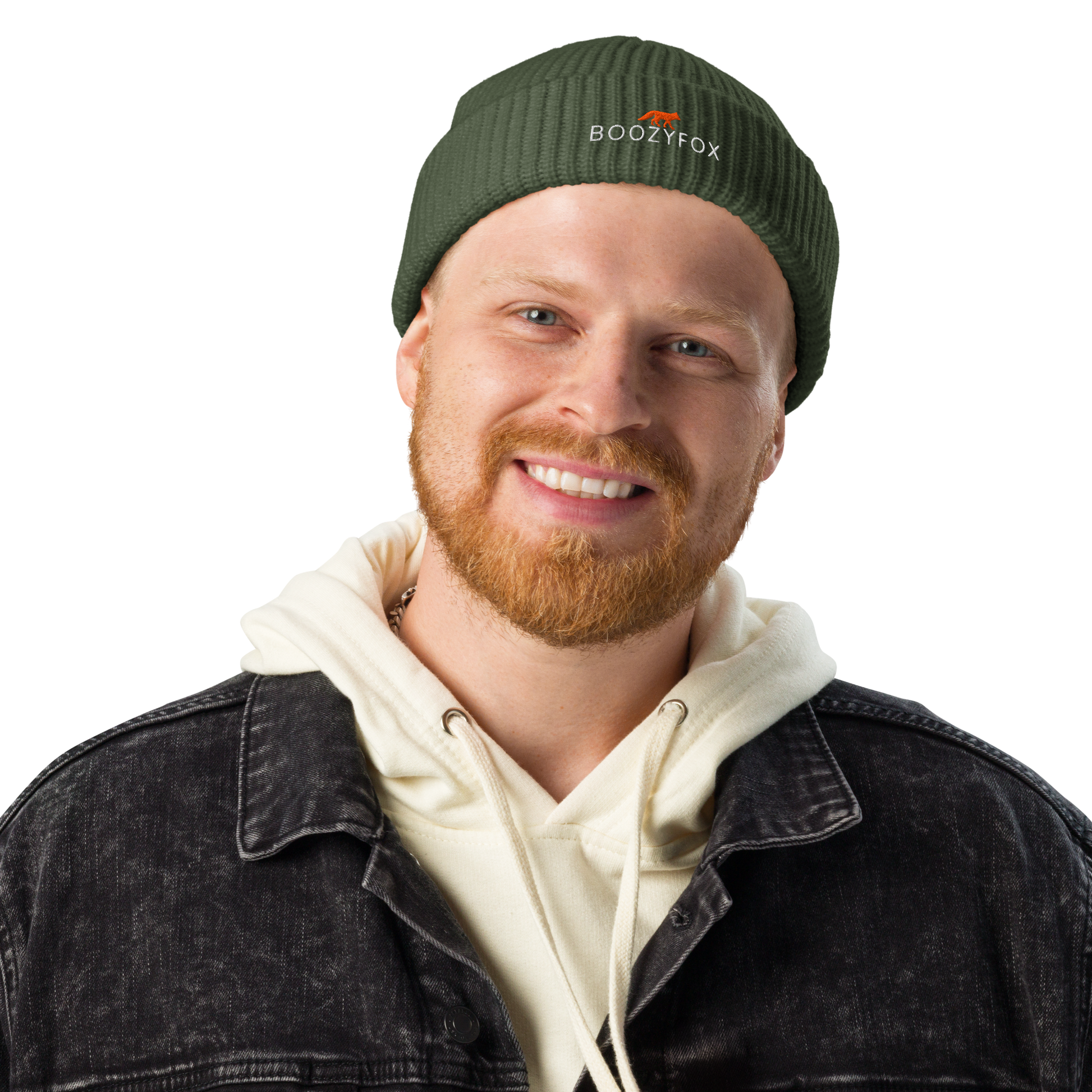 Man wearing a Cypress Green Fisherman Beanie With An Embroidered Boozy Fox Logo On Fold - Cool Winter Beanies - Boozy Fox