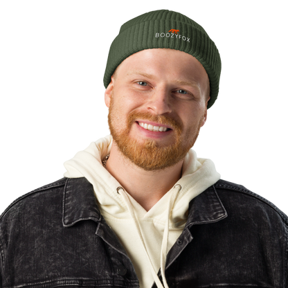 Man wearing a Cypress Green Fisherman Beanie With An Embroidered Boozy Fox Logo On Fold - Cool Winter Beanies - Boozy Fox