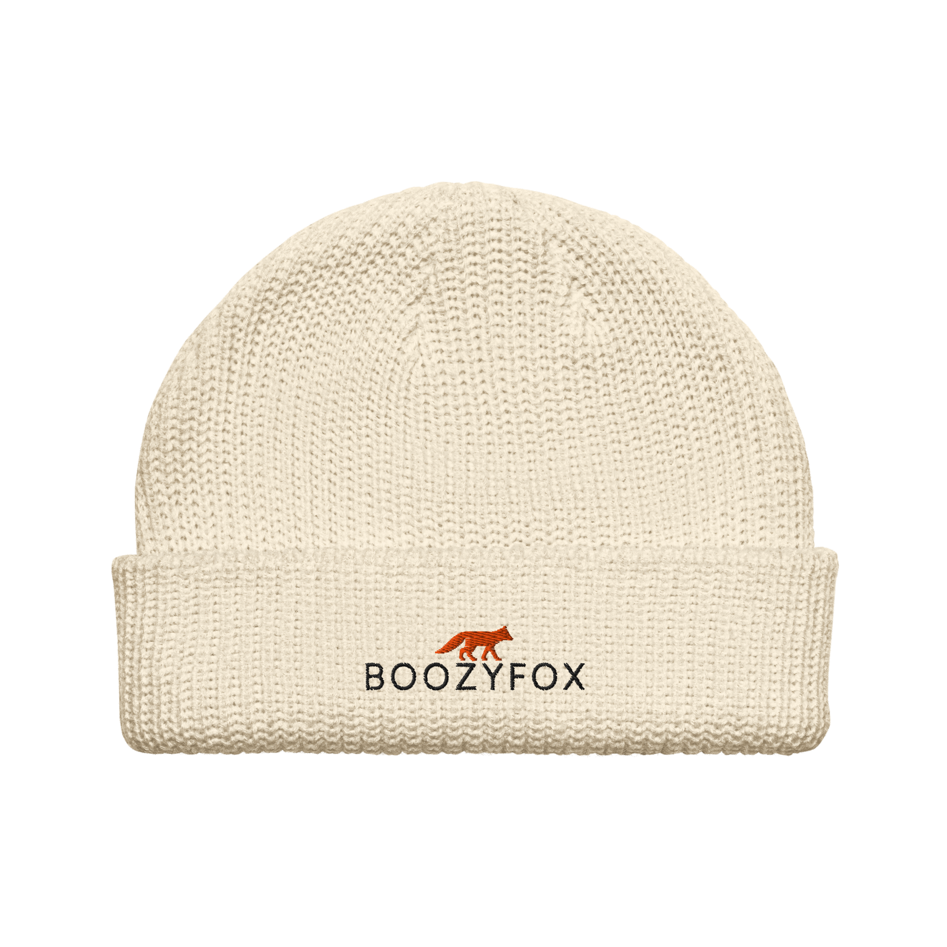 Ecru Beige Fisherman Beanie With An Embroidered Boozy Fox Logo On Fold - Cool Winter Beanies - Boozy Fox