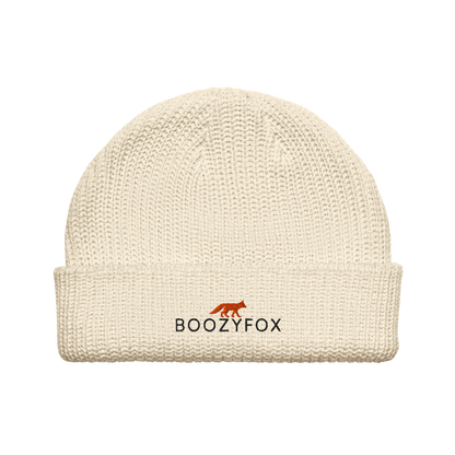 Ecru Beige Fisherman Beanie With An Embroidered Boozy Fox Logo On Fold - Cool Winter Beanies - Boozy Fox