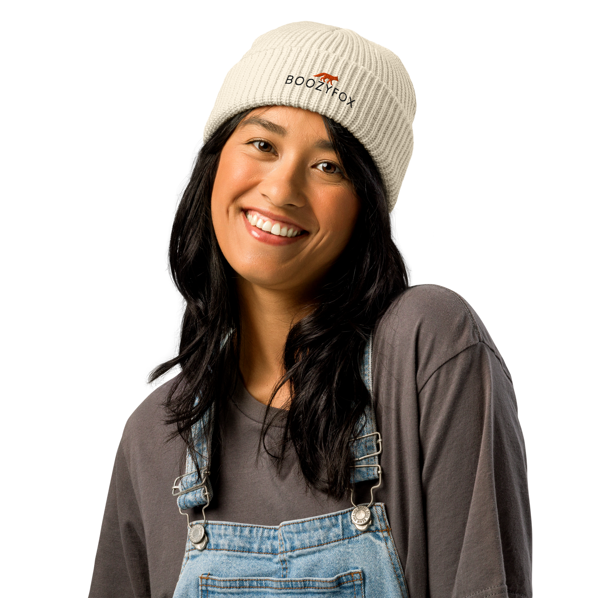 Woman wearing a Ecru Beige Fisherman Beanie With An Embroidered Boozy Fox Logo On Fold - Cool Winter Beanies - Boozy Fox