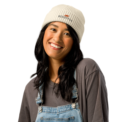 Woman wearing a Ecru Beige Fisherman Beanie With An Embroidered Boozy Fox Logo On Fold - Cool Winter Beanies - Boozy Fox