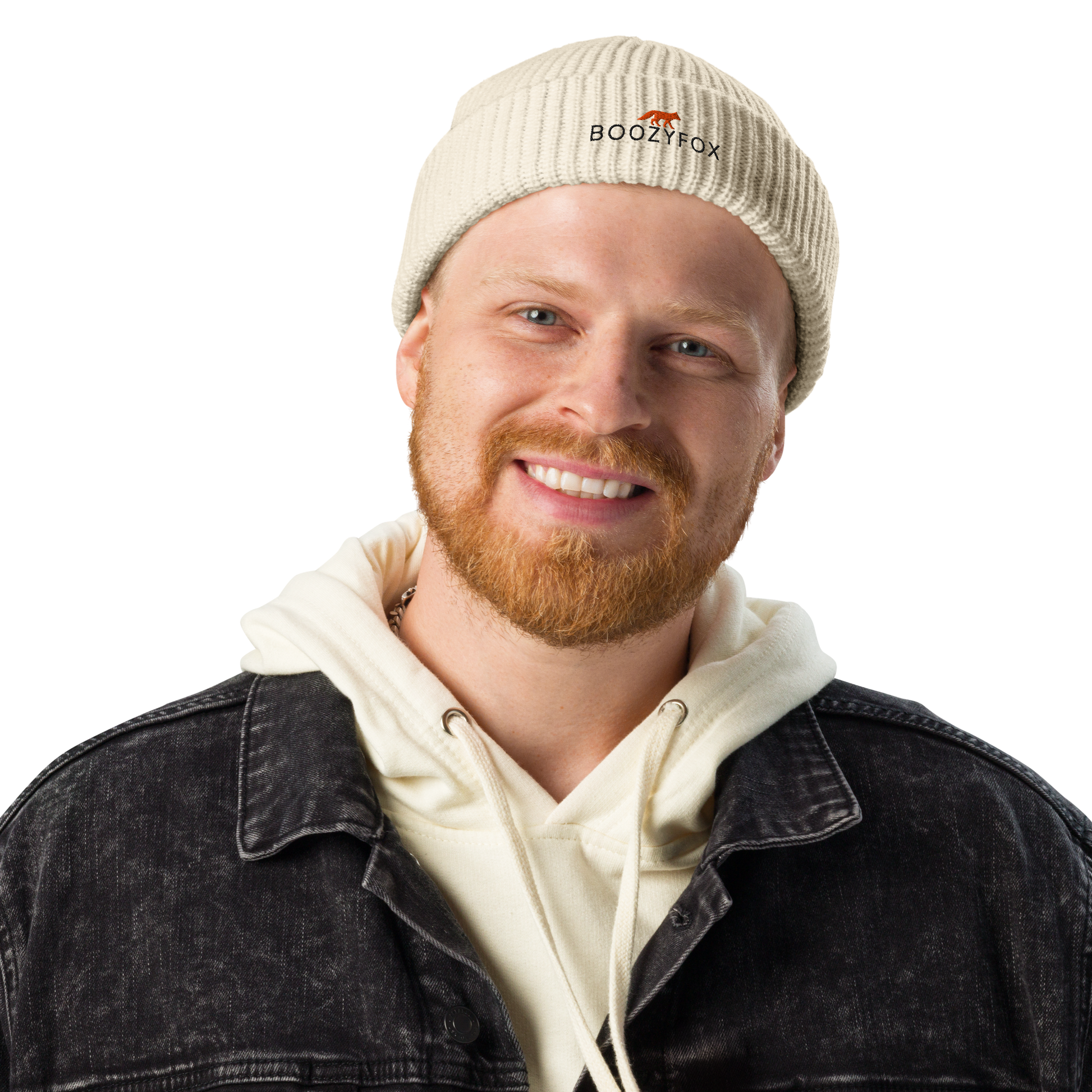 Man wearing a Ecru Beige Fisherman Beanie With An Embroidered Boozy Fox Logo On Fold - Cool Winter Beanies - Boozy Fox