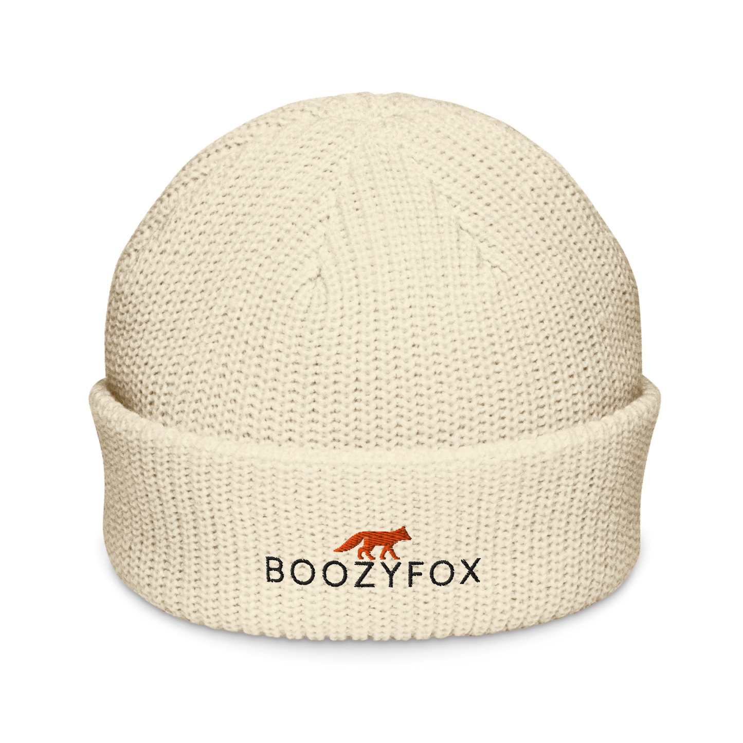 Ecru Beige Fisherman Beanie With An Embroidered Boozy Fox Logo On Fold - Cool Winter Beanies - Boozy Fox