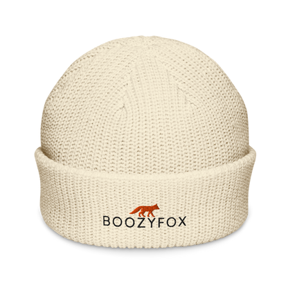 Ecru Beige Fisherman Beanie With An Embroidered Boozy Fox Logo On Fold - Cool Winter Beanies - Boozy Fox