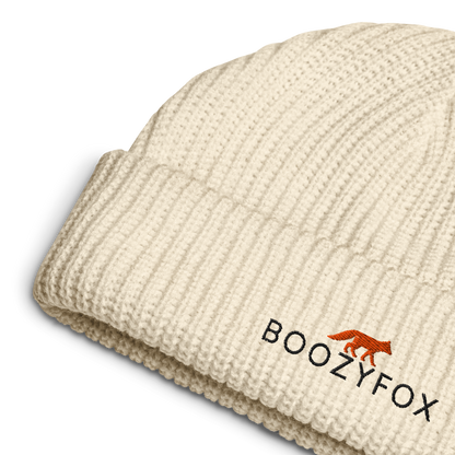 Ecru Beige Fisherman Beanie With An Embroidered Boozy Fox Logo On Fold - Cool Winter Beanies - Boozy Fox