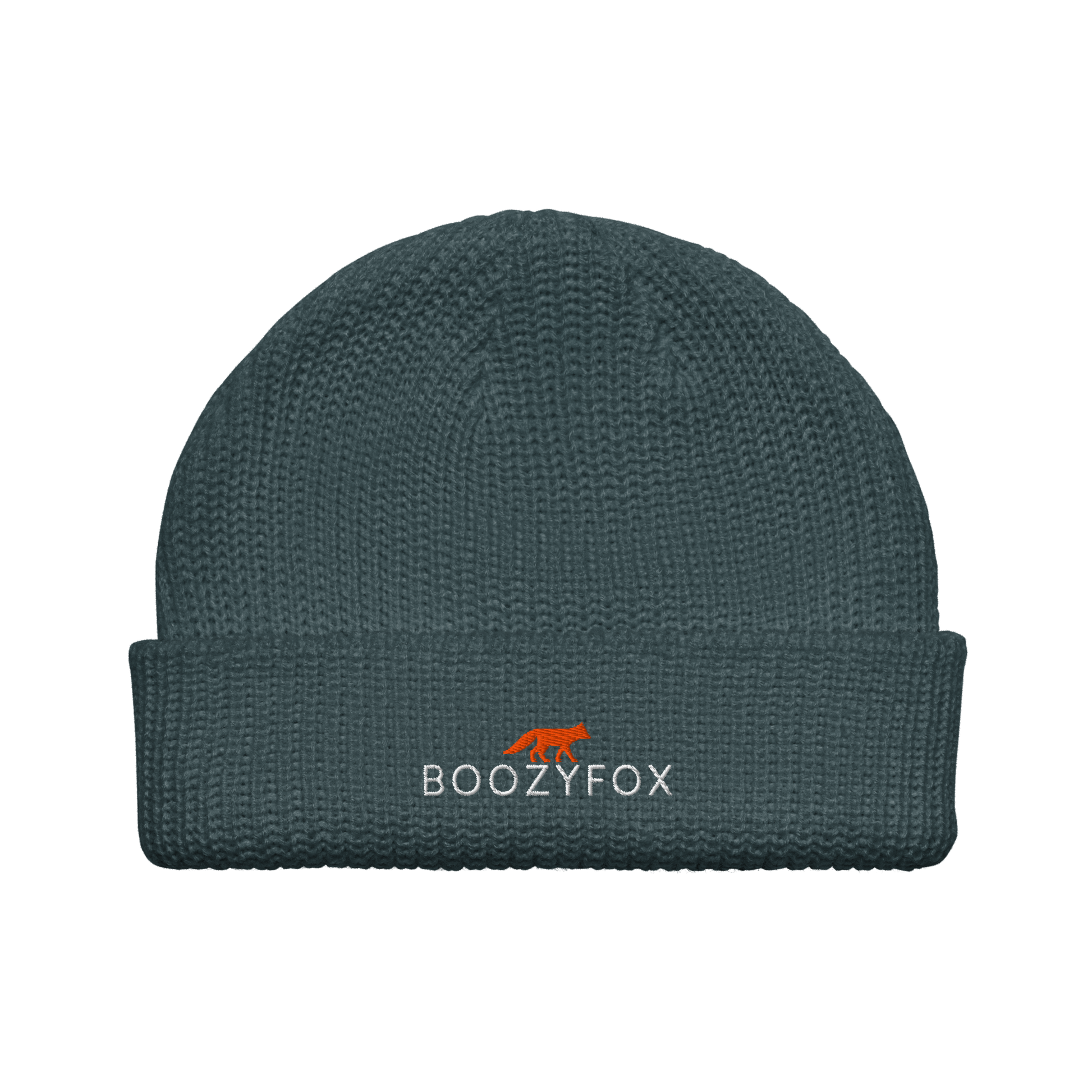 Petrol Blue Fisherman Beanie With An Embroidered Boozy Fox Logo On Fold - Cool Winter Beanies - Boozy Fox