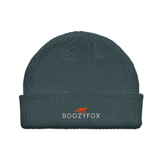 Petrol Blue Fisherman Beanie With An Embroidered Boozy Fox Logo On Fold - Cool Winter Beanies - Boozy Fox