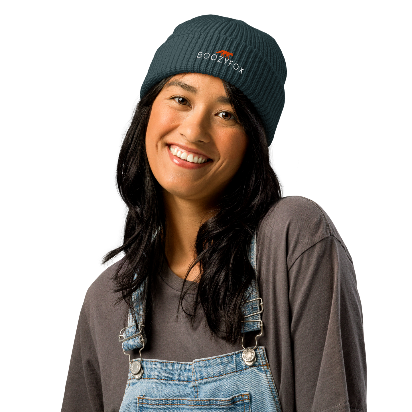 Woman wearing a Petrol Blue Fisherman Beanie With An Embroidered Boozy Fox Logo On Fold - Cool Winter Beanies - Boozy Fox