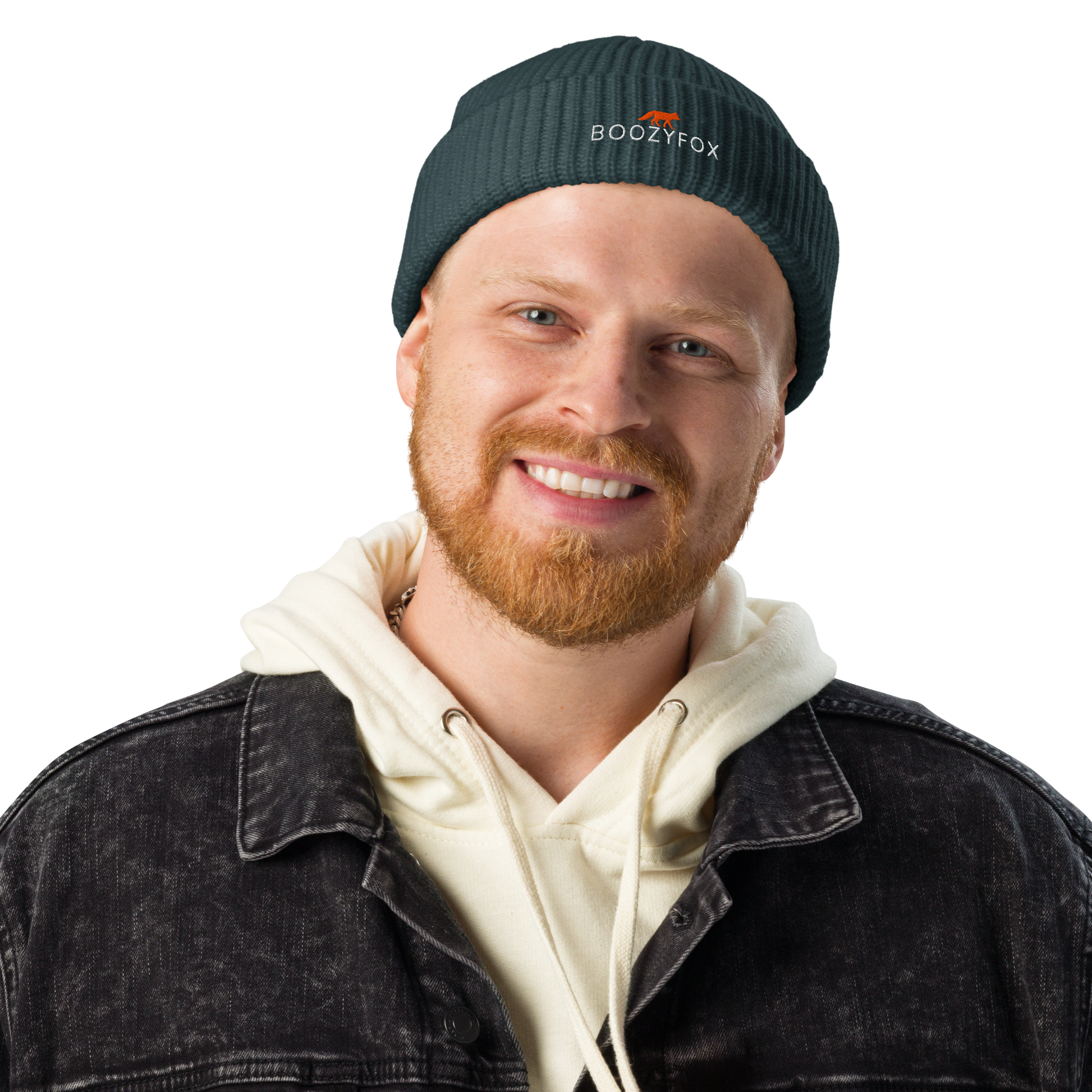 Man wearing a Petrol Blue Fisherman Beanie With An Embroidered Boozy Fox Logo On Fold - Cool Winter Beanies - Boozy Fox