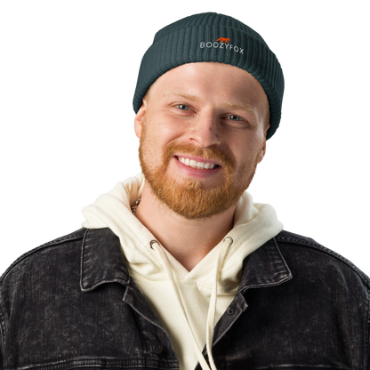 Man wearing a Petrol Blue Fisherman Beanie With An Embroidered Boozy Fox Logo On Fold - Cool Winter Beanies - Boozy Fox