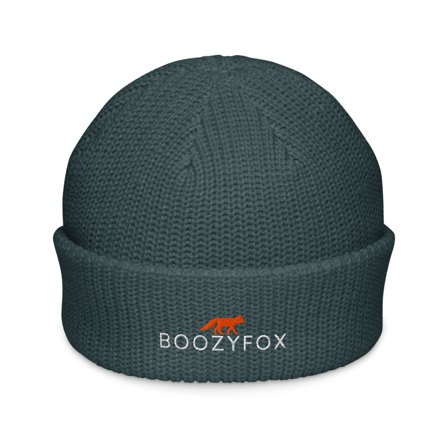 Petrol Blue Fisherman Beanie With An Embroidered Boozy Fox Logo On Fold - Cool Winter Beanies - Boozy Fox