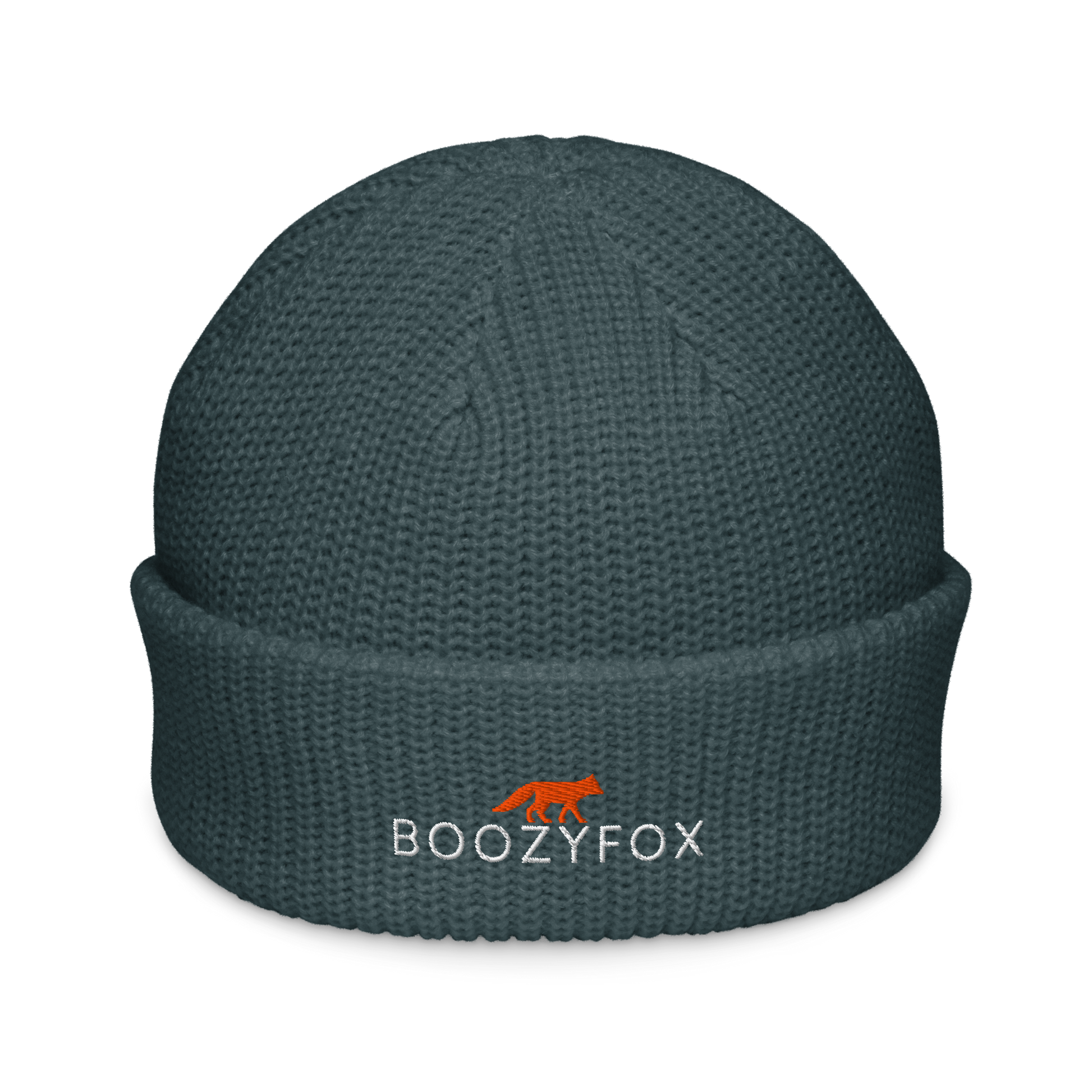 Petrol Blue Fisherman Beanie With An Embroidered Boozy Fox Logo On Fold - Cool Winter Beanies - Boozy Fox