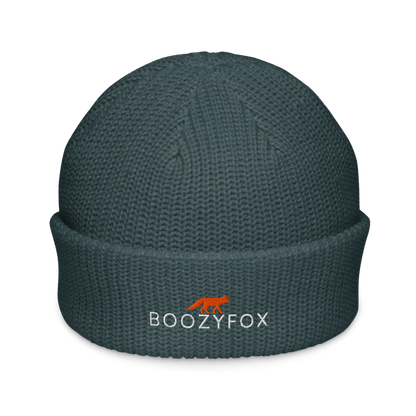 Petrol Blue Fisherman Beanie With An Embroidered Boozy Fox Logo On Fold - Cool Winter Beanies - Boozy Fox