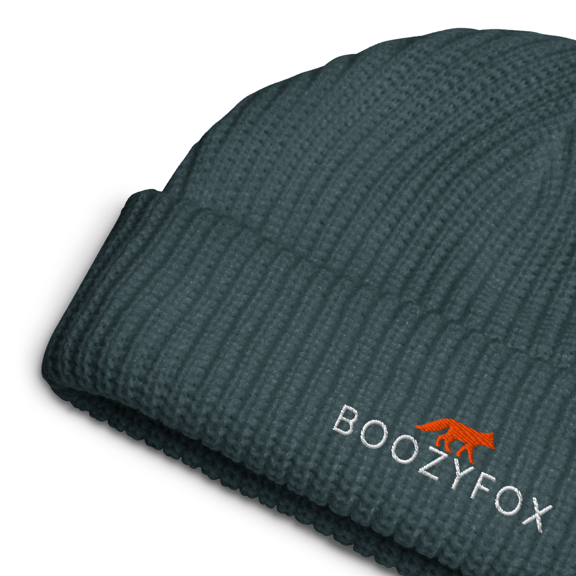 Petrol Blue Fisherman Beanie With An Embroidered Boozy Fox Logo On Fold - Cool Winter Beanies - Boozy Fox