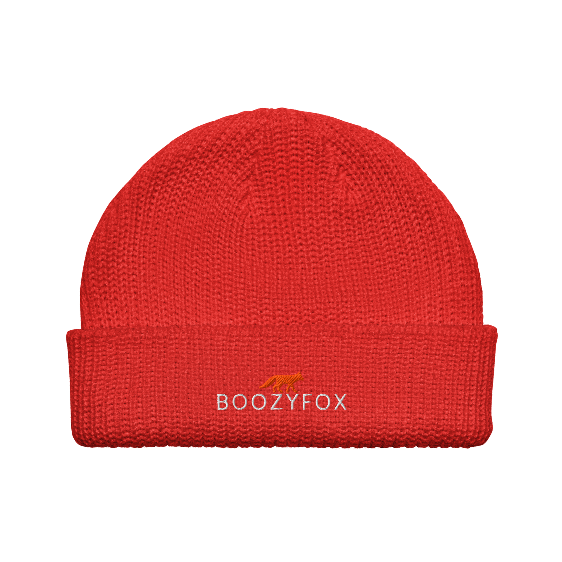 Red Fisherman Beanie With An Embroidered Boozy Fox Logo On Fold - Cool Winter Beanies - Boozy Fox