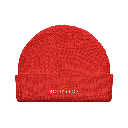 Red Fisherman Beanie With An Embroidered Boozy Fox Logo On Fold - Cool Winter Beanies - Boozy Fox