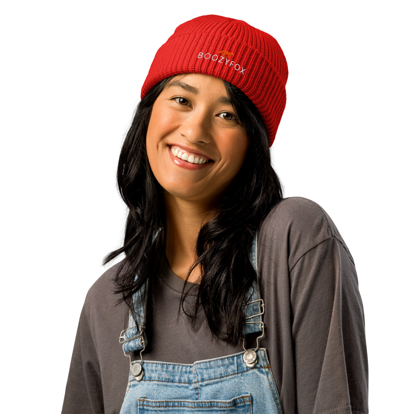 Woman wearing a Red Fisherman Beanie With An Embroidered Boozy Fox Logo On Fold - Cool Winter Beanies - Boozy Fox