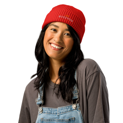 Woman wearing a Red Fisherman Beanie With An Embroidered Boozy Fox Logo On Fold - Cool Winter Beanies - Boozy Fox