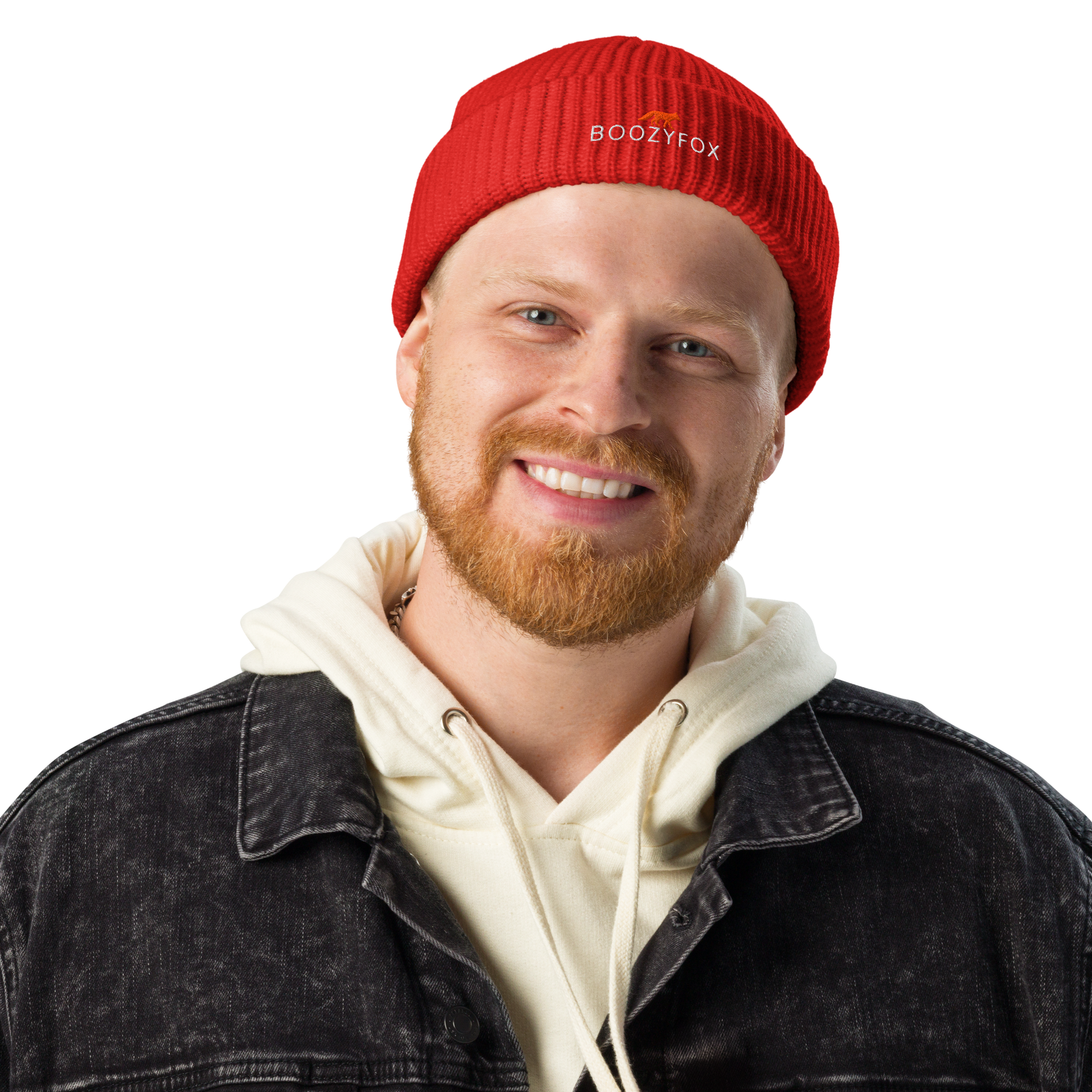 Man wearing a Red Fisherman Beanie With An Embroidered Boozy Fox Logo On Fold - Cool Winter Beanies - Boozy Fox