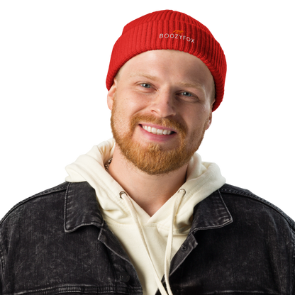 Man wearing a Red Fisherman Beanie With An Embroidered Boozy Fox Logo On Fold - Cool Winter Beanies - Boozy Fox