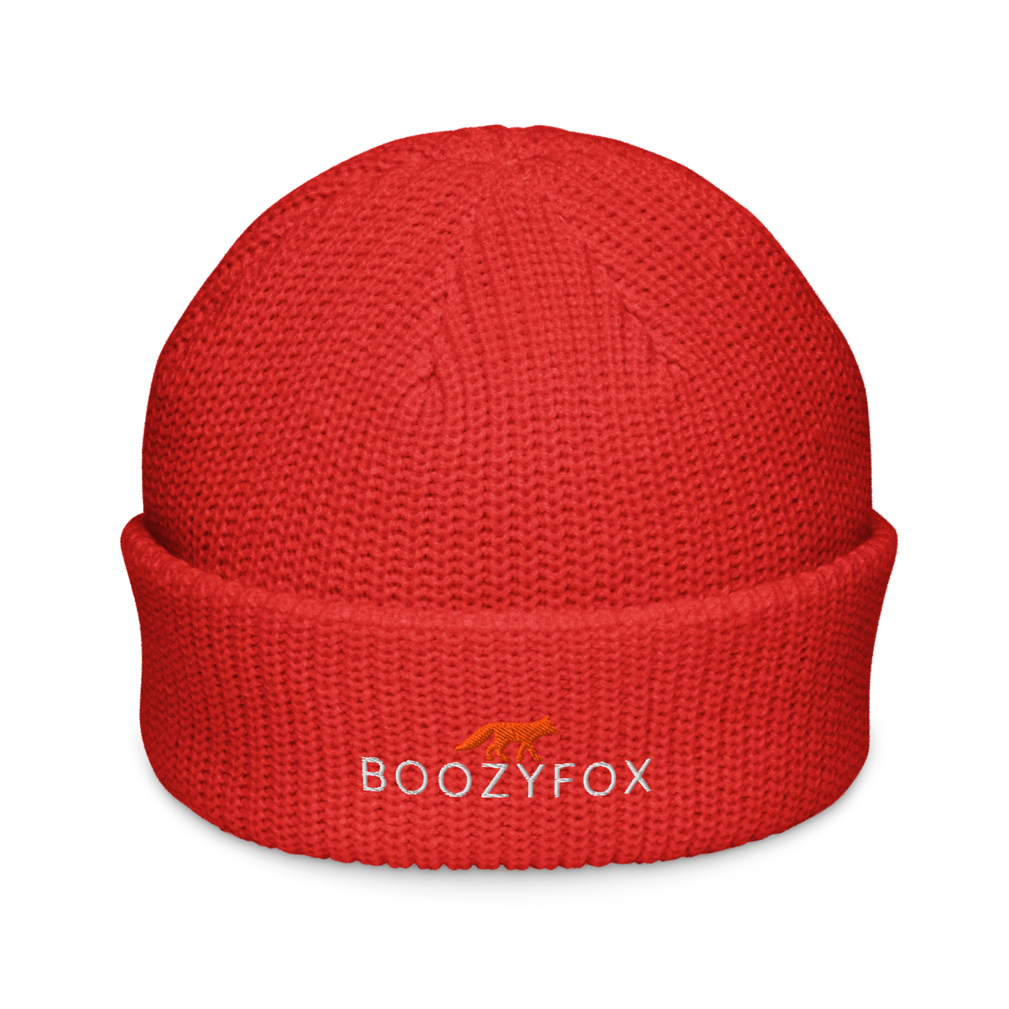 Red Fisherman Beanie With An Embroidered Boozy Fox Logo On Fold - Cool Winter Beanies - Boozy Fox